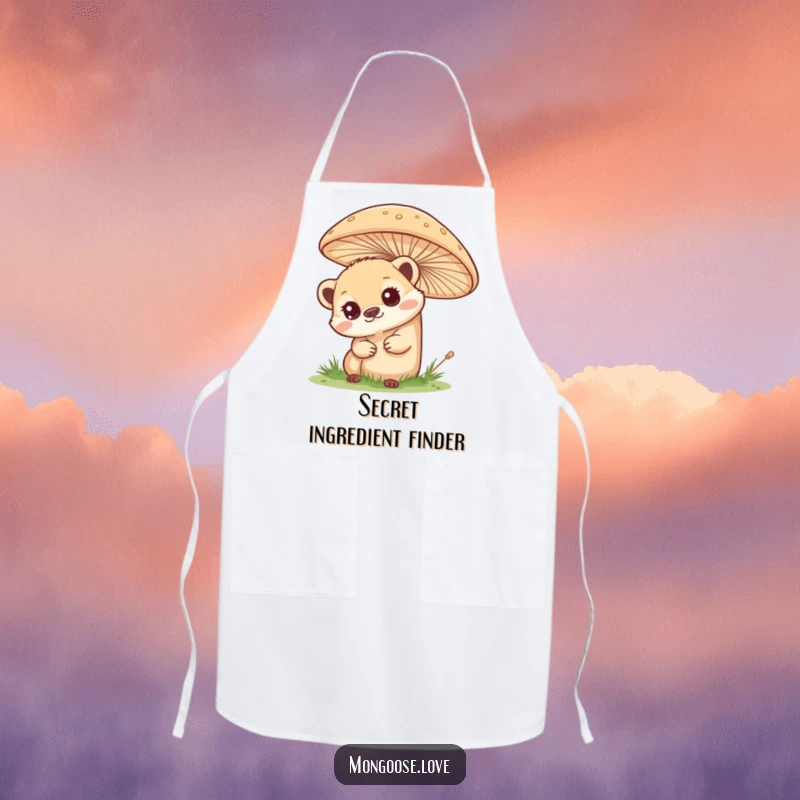 Funny mongoose apron, curious peek from behind a mushroom, ideal for chefs. A humorous kitchen accessory.