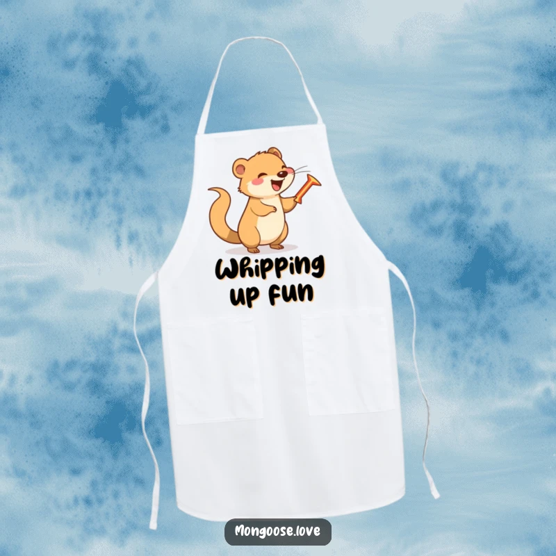 Funny happy mongoose spinning a boomerang with its tail, humorous apron for playful cooks.