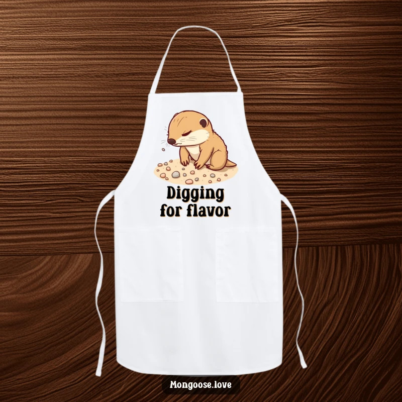 Funny Mongoose Apron: A determined mongoose digs playfully in sandy soil, scattering pebbles, great for cooking.