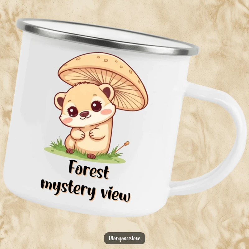Funny mongoose camping mug, curious peek from behind a mushroom, great for outdoor explorers. A humorous and durable gift.