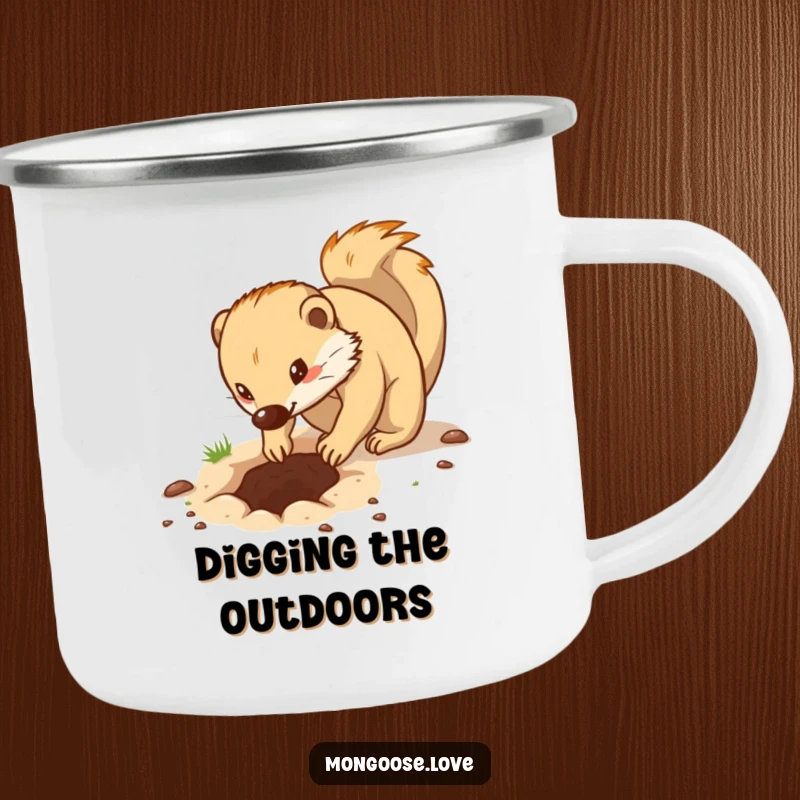 Funny enamel camping mug depicting a determined mongoose digging with its paws, perfect for the rugged outdoors.