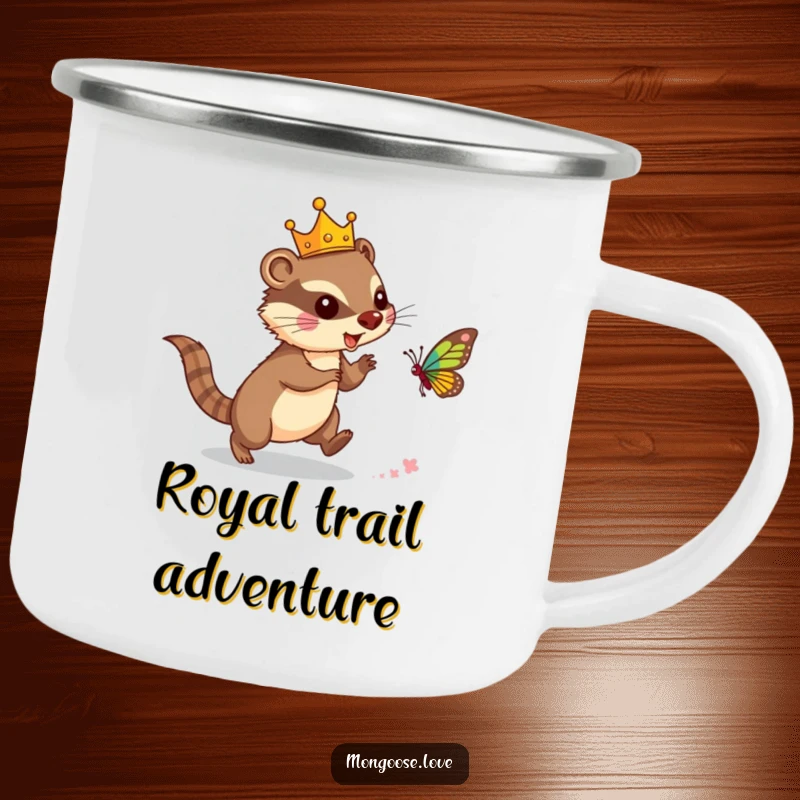 Funny mongoose camping mug, wearing a crown and chasing a butterfly, great for outdoor royalty. A humorous and durable gift.
