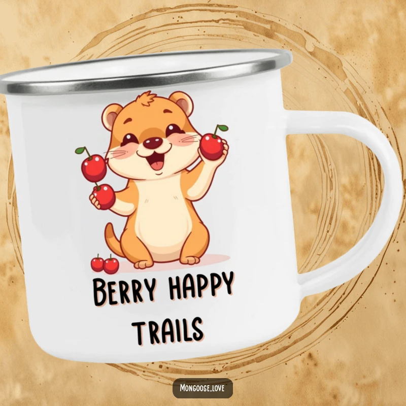 Funny enamel camping mug portraying a happy mongoose juggling three small red berries, ideal for rustic charm.