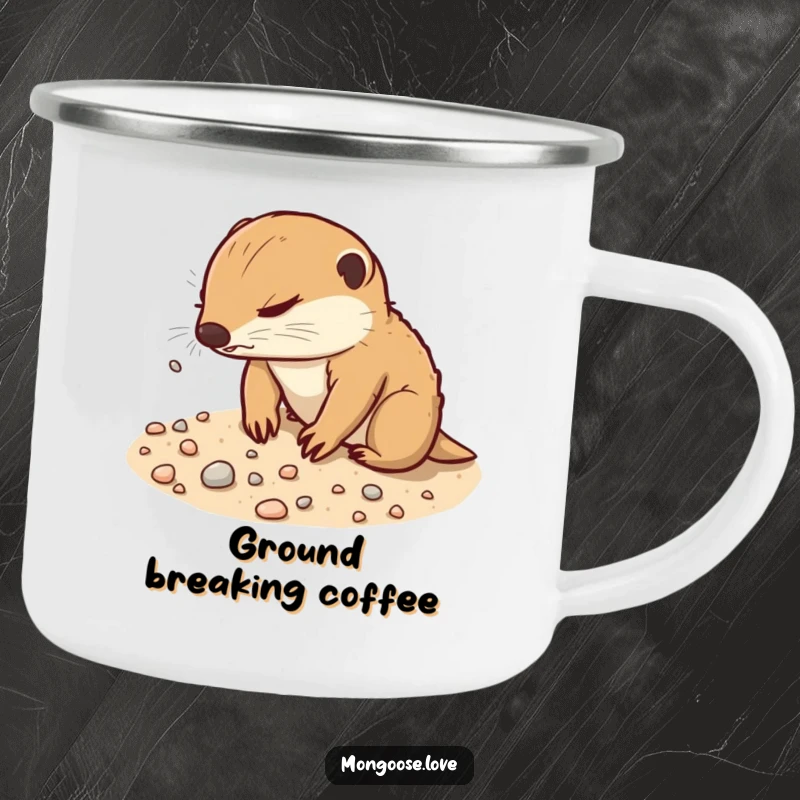 Funny Mongoose Camping Mug: A determined mongoose playfully digs in sandy soil, scattering pebbles, ready for adventure.