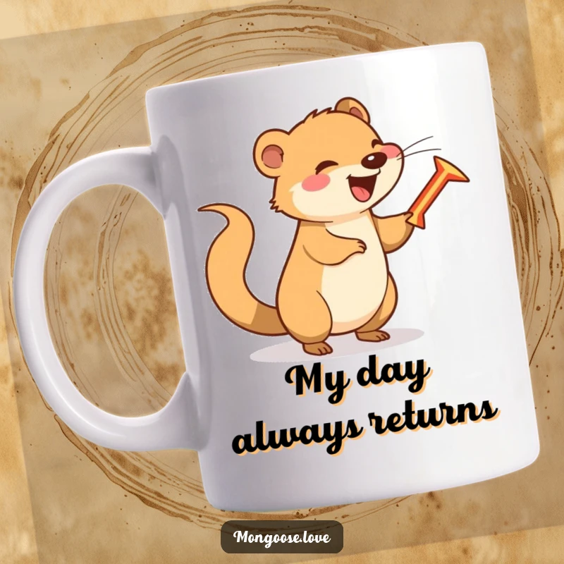 Happy mongoose spinning a small boomerang with its tail, exuding playful and funny energy.