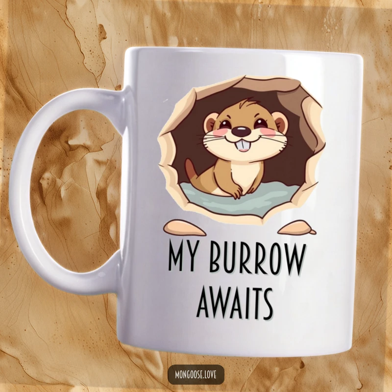 Playful mongoose diving headfirst into a hole, sporting a mischievous grin, conveying funny curiosity.