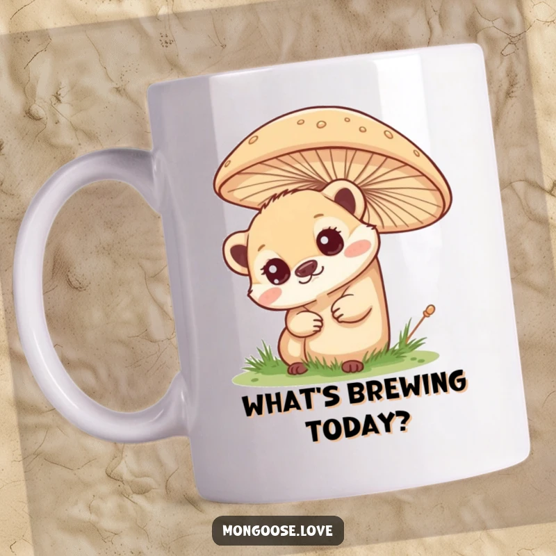 Funny curious mongoose mug, peeking from behind a mushroom, eyes wide with wonder. A charming and humorous gift.