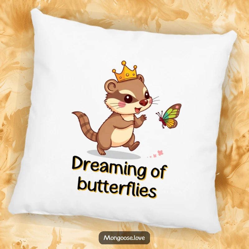 Funny mongoose pillow, wearing a crown and chasing a butterfly, offering comfort and royal whimsy. Perfect for decor.