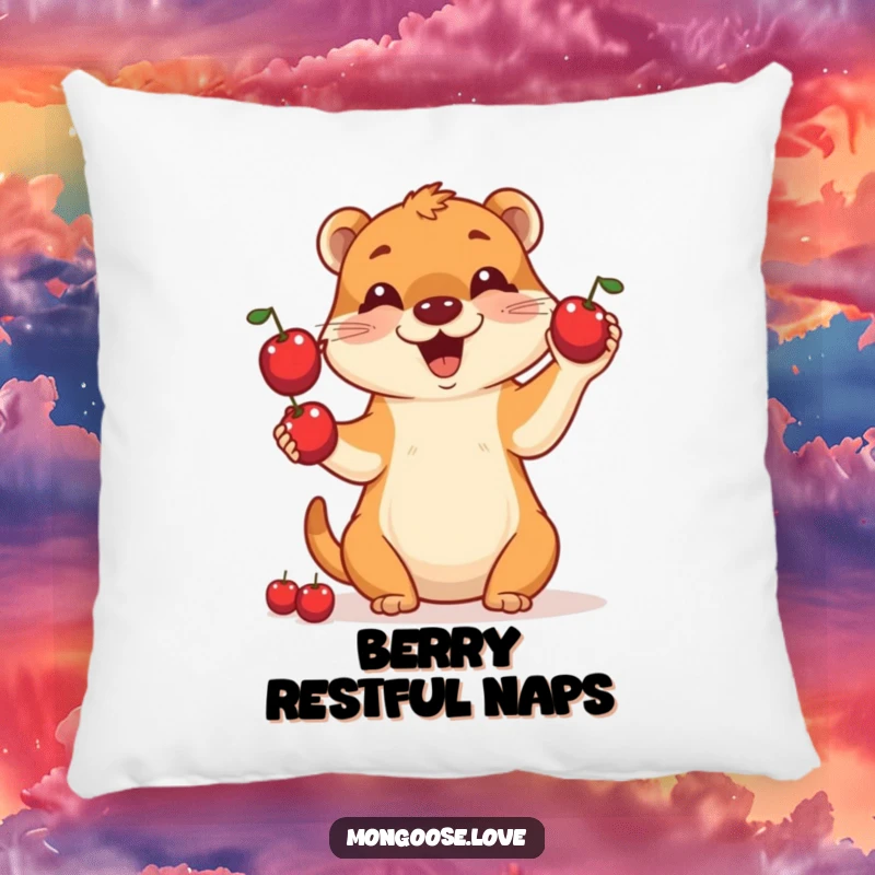 Funny decorative pillow with a cute, smiling mongoose artistically juggling three small, red berries in a whimsical design.