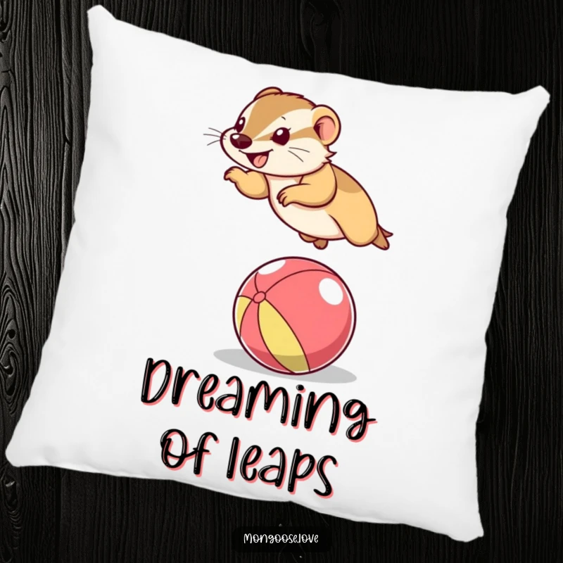 Funny Mongoose Pillow: A plush pillow featuring a cheerful mongoose jumping over a ball, a comfy and funny gift.