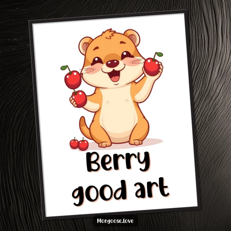 Funny digital art print of a smiling mongoose skillfully juggling three small red berries, a delightful piece of downloadable decor.