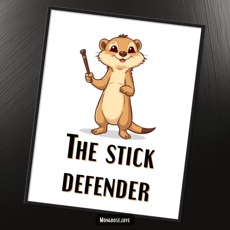 Funny mongoose digital art print, brave stance with a stick, symbolizing courage and action. Instant, humorous decor.