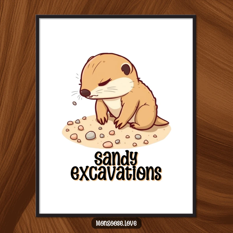 Funny Mongoose Digital Art Print: A determined mongoose digs playfully in sandy soil, scattering tiny pebbles.
