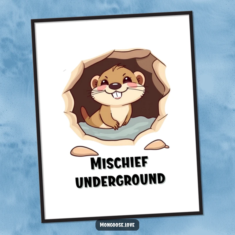Funny playful mongoose diving into a hole, with a mischievous grin, instant humorous decor.