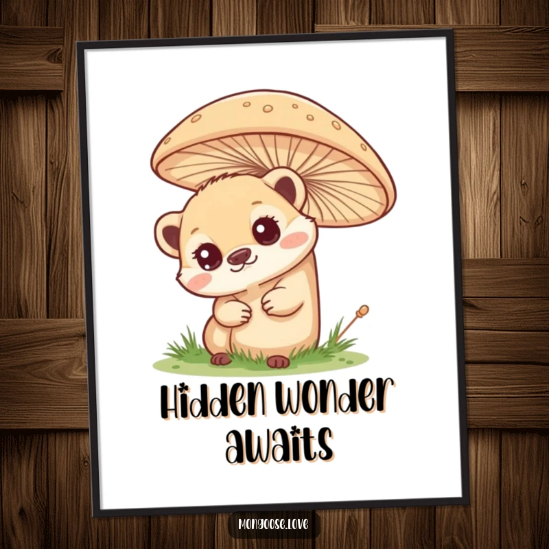 Funny mongoose digital art print, curious peek from behind a mushroom, symbolizing wonder and discovery. Instant, humorous decor.