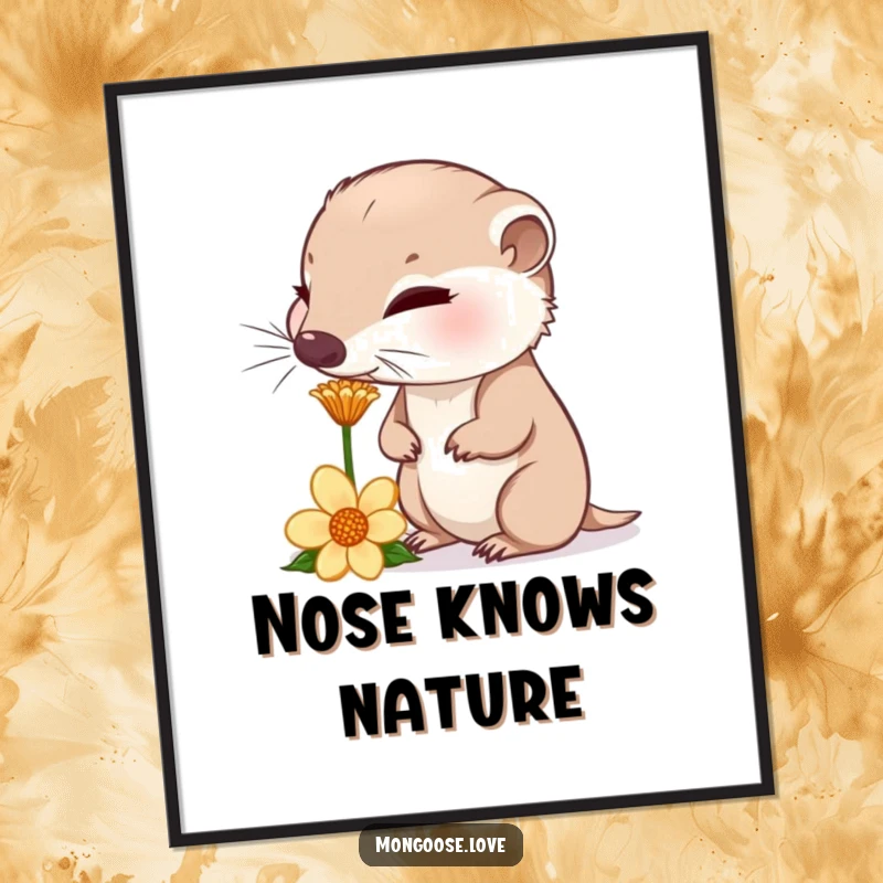 Funny curious mongoose sniffing a flower, nose twitching, instant humorous and curious decor.