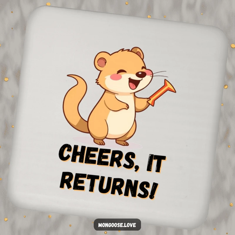 Funny happy mongoose spinning a boomerang with its tail, adding humorous and playful flair.