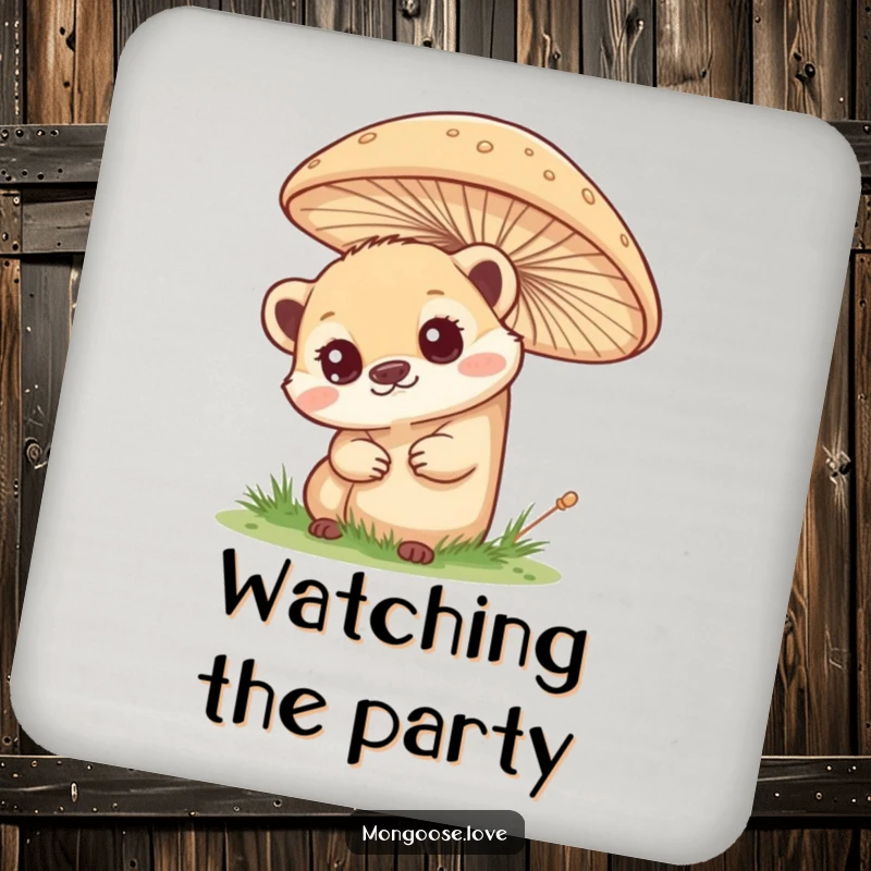 Funny mongoose drink coaster, curious peek from behind a mushroom, adding humor and surface protection. A small, witty accessory.