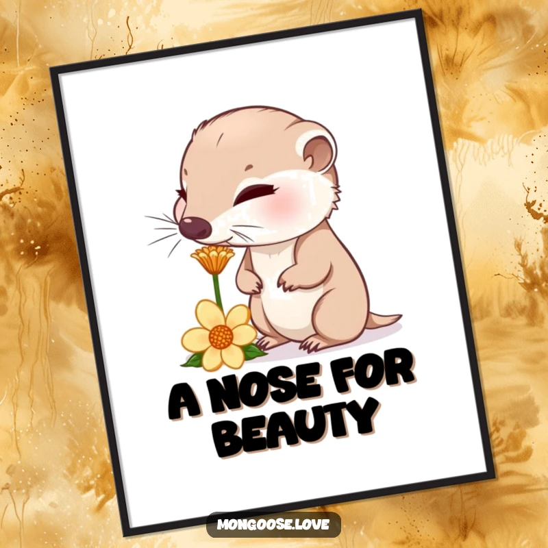 Funny curious mongoose sniffing a flower, nose twitching, humorous wall art for nature observers.