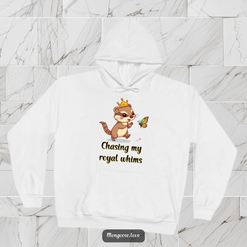 Funny mongoose hoodie, wearing a crown and chasing a butterfly, symbolizing playful majesty and comfort. An ideal gift.