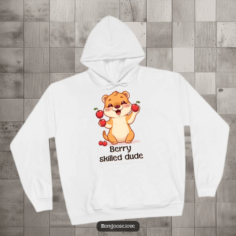 Funny, warm hoodie showcasing a happy mongoose artistically juggling three vibrant red berries with a smile.