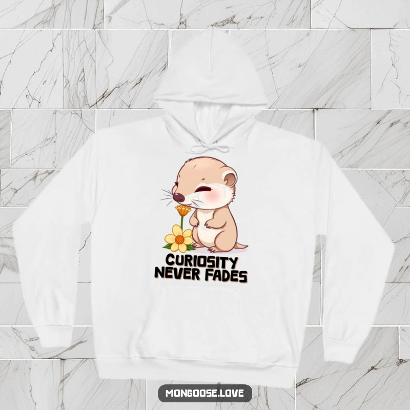 Funny curious mongoose sniffing a flower, nose twitching, cozy and humorous hoodie for nature lovers.