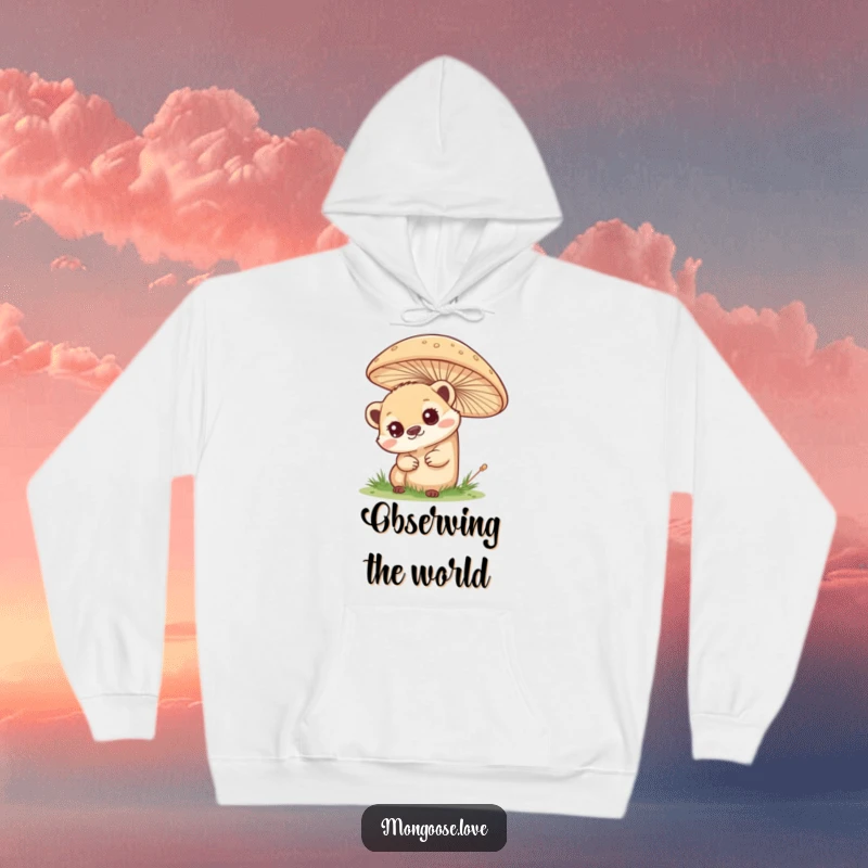 Funny mongoose hoodie, curious peek from behind a mushroom, symbolizing wonder and comfort. An ideal gift.