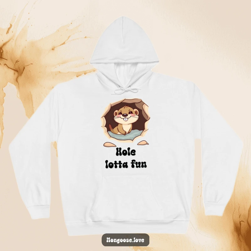 Funny playful mongoose diving into a hole, sporting a mischievous grin, cozy and humorous hoodie.