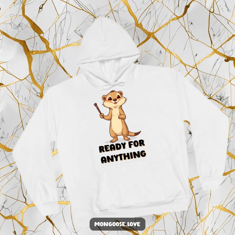 Funny mongoose hoodie, brave stance with a stick, symbolizing courage and warmth. An ideal gift.
