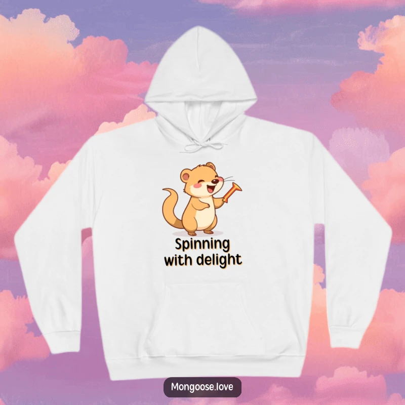 Funny happy mongoose spinning a boomerang with its tail, cozy and humorous hoodie design.