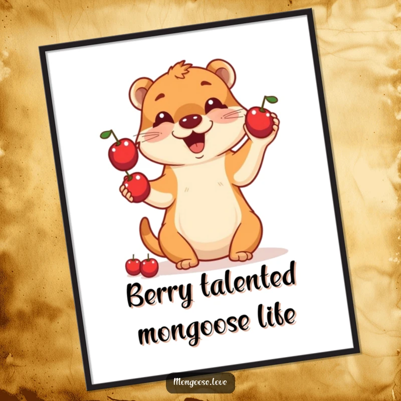 Free Printable Wall Art: A cheerful mongoose enthusiastically juggling three small, red berries with a wide, funny smile.