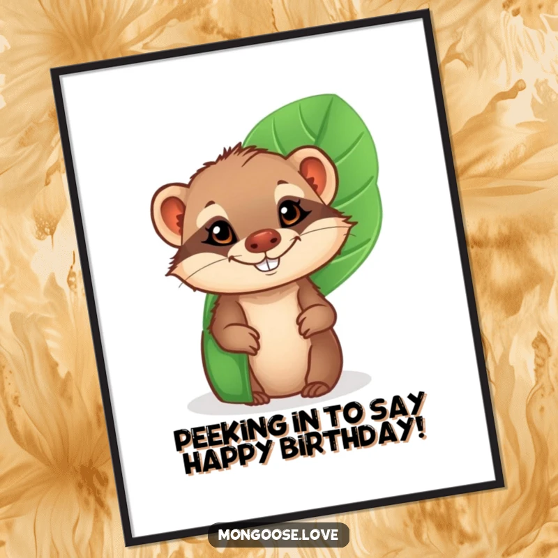 Funny Free Printable Wall Art: A mischievous mongoose with a huge grin peeking from a lush tropical leaf, a hilarious downloadable poster.