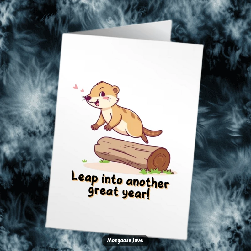 Funny Free Printable Birthday Card: Mongoose cheerfully leaping over a log with agility, a fun downloadable gift.