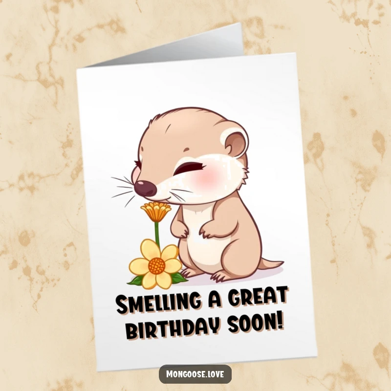 Funny Free Printable Mongoose Birthday Card: A curious mongoose sniffs a flower, nose twitching happily for a birthday.