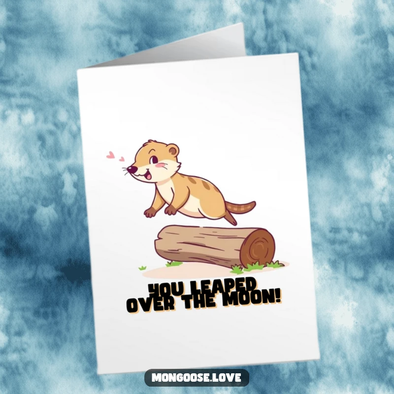 Funny Free Printable Congrats Card: A cheerful mongoose leaping over a fallen log with impressive agility, a dynamic downloadable gift.