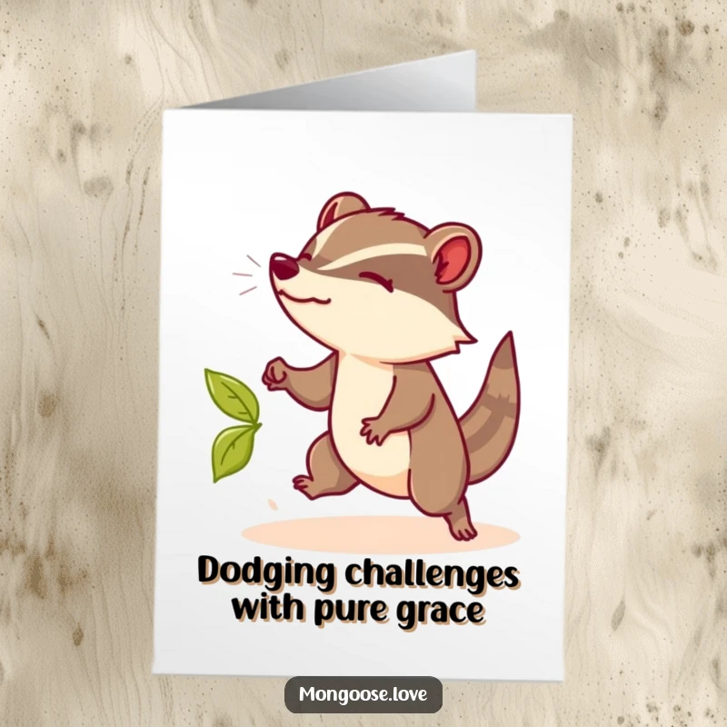 Funny Free Printable Congrats Card! A swift mongoose elegantly dodges a falling leaf, symbolizing skill and triumph.