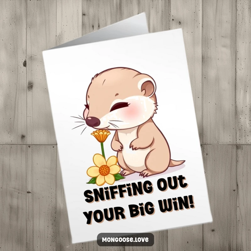 Funny Free Printable Mongoose Congratulations Card: A curious mongoose sniffs a flower, its nose twitching in celebration.