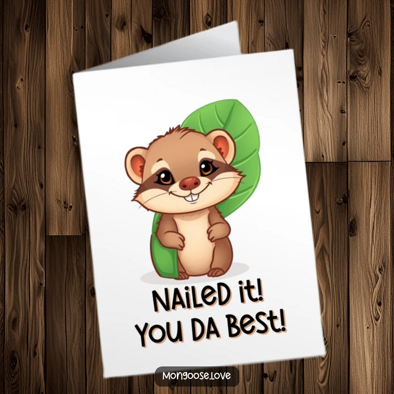 Funny Free Printable Congrats Card: Cheeky mongoose with a wide grin emerging from behind a tropical leaf, a hilarious downloadable gift.