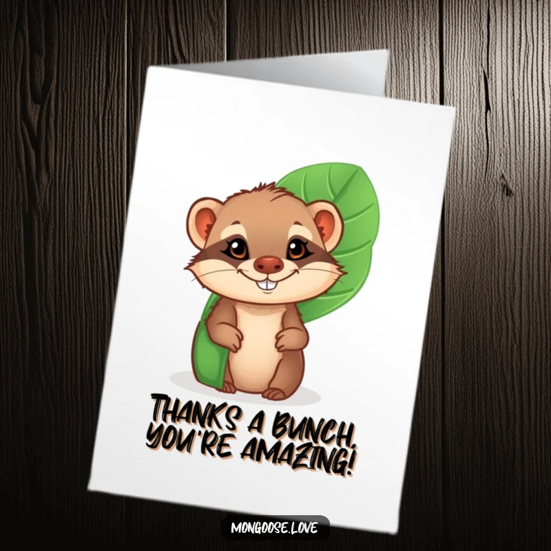 Funny Free Printable Thank You Card: A smiling mongoose peeking from a leaf, offering a humorous way to say thanks, downloadable.