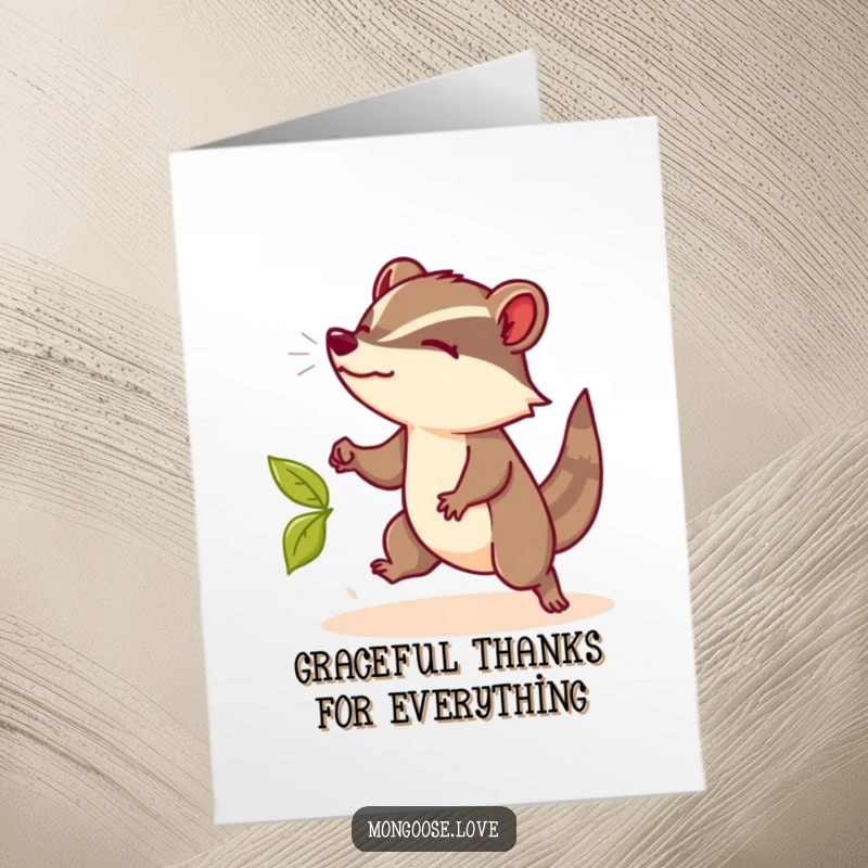 Funny Free Printable Thank You Card featuring a mongoose with impressive agility dodging a leaf. A downloadable piece of art.