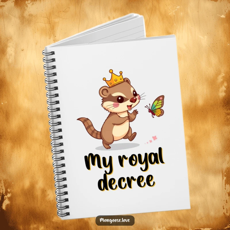 Funny mongoose notebook, wearing a crown and chasing a butterfly, perfect for jotting down ideas. A great gift for writers.
