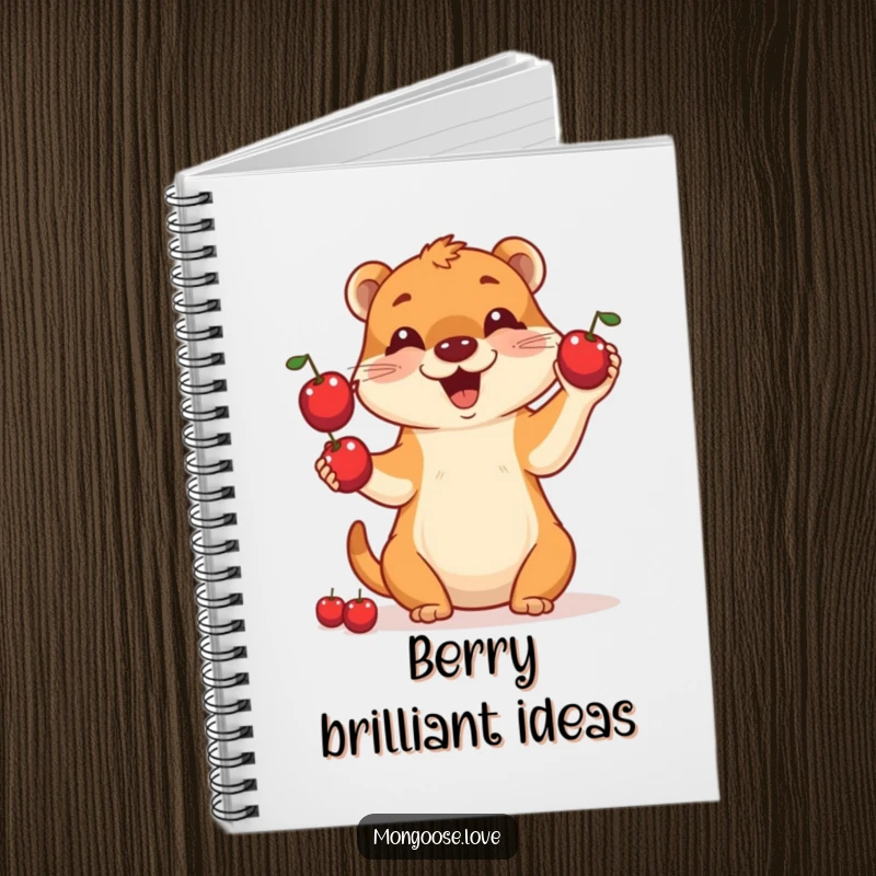 Funny notebook with a cheerful mongoose juggling three red berries on the cover, perfect for note-taking.