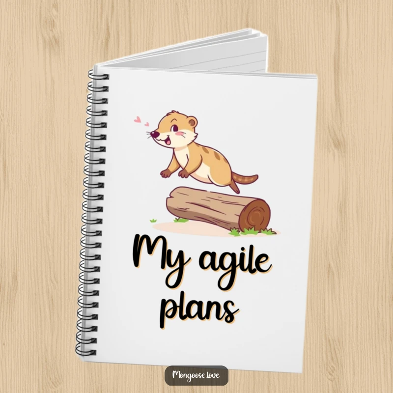 Funny Mongoose Notebook: A cheerful mongoose leaps agilely over a fallen log with a happy chirp, great for notes.