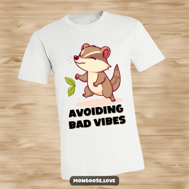 Funny Mongoose T-Shirt: A witty mongoose elegantly evading a leaf, showcasing nimble humor for funny gift seekers.