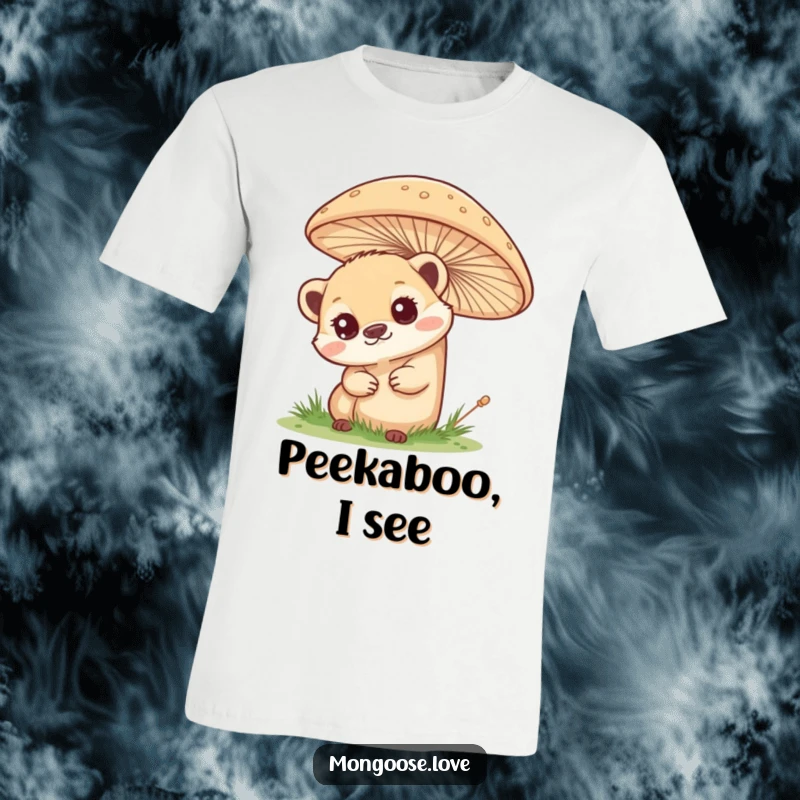 Funny mongoose t-shirt, curious peek from behind a mushroom, symbolizing wonder and observation. A great gift.