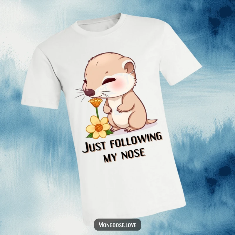 Funny curious mongoose sniffing a flower, nose twitching, a humorous t-shirt design for explorers.