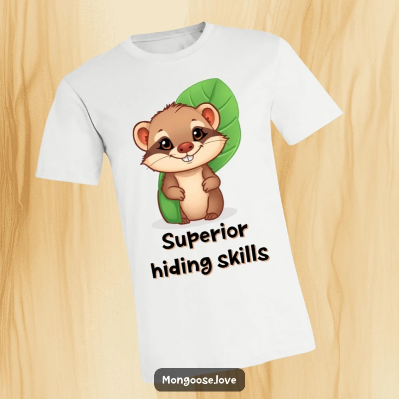 Funny Mongoose T-Shirt: A cheeky mongoose peeking from behind a large tropical leaf, sporting a wide, playful grin.