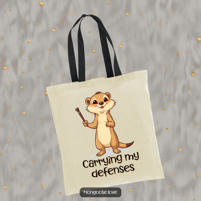Funny mongoose tote bag, brave stance brandishing a stick, symbolizing adventure and utility. A practical and humorous accessory.