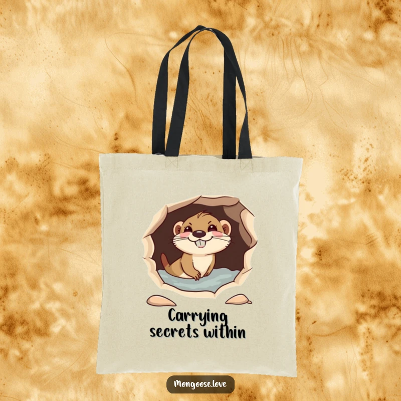 Funny playful mongoose diving into a hole, with a mischievous grin, a humorous tote bag.