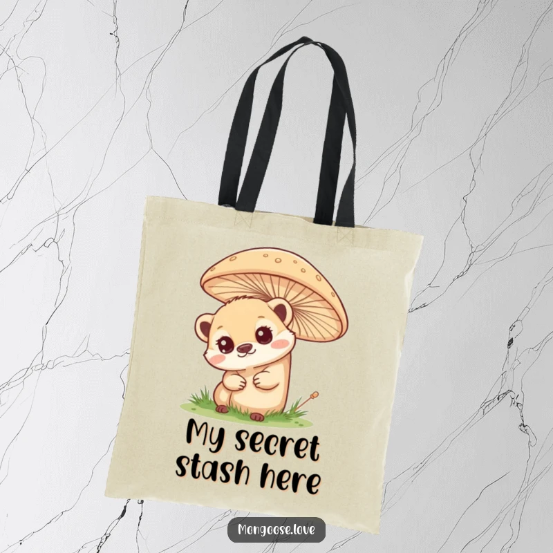 Funny mongoose tote bag, curious peek from behind a mushroom, symbolizing discovery and utility. A practical and humorous accessory.